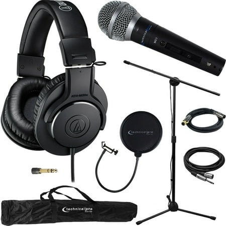 Audio-Technica M20x Professional Monitor Headphones ATH-M20X & Technical Pro Microphone Bundle includes Headphones, Microphone, Stand, Holder, XLR Cables, Case and Wind