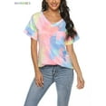 thumbnail image 3 of BadPiggies Womens Gradient Tie Dye Short Sleeve T-Shirt V Neck Summer Casual Loose Printed Tee Tops Tunic (L, Pink), 3 of 10