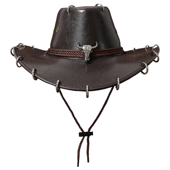 Slccxzc Classic Cowboy Hat PU Leather Jazz Hat Wide Brim Western Cowgirl Hat with Bullhead Badge for Outdoor