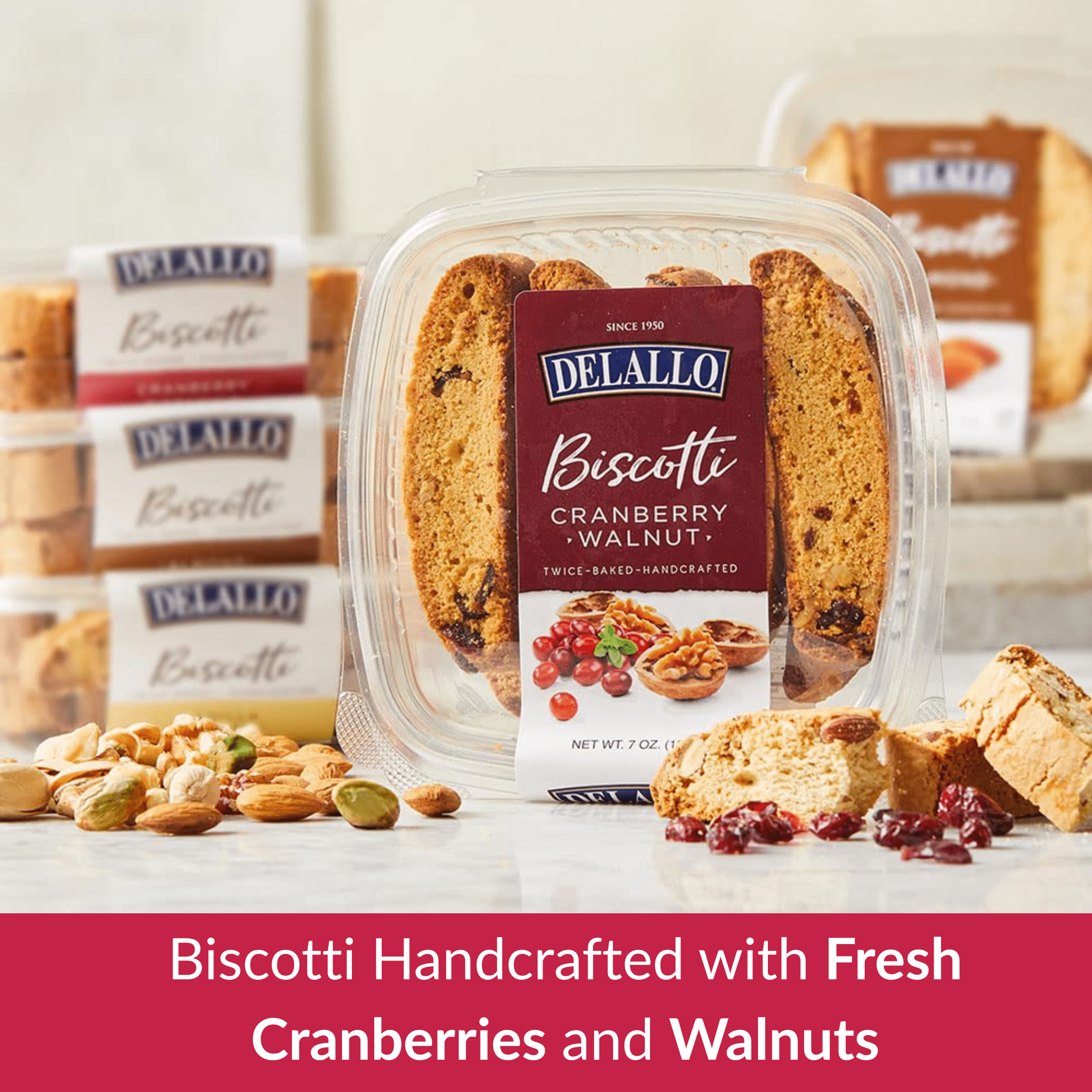 DeLallo Cranberry Walnut Biscotti Cookies, Non-GMO, 7 oz Container (4 Pack)