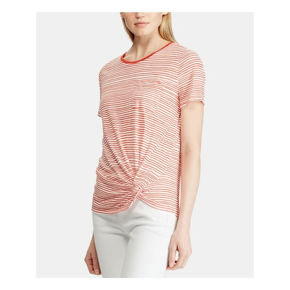 RALPH LAUREN Womens Orange Striped Short Sleeve Jewel Neck T-Shirt 2XS