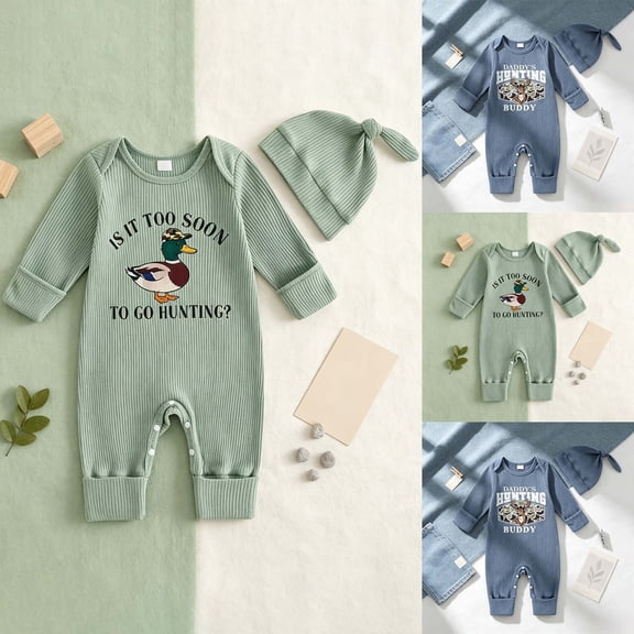 Pandaie Newborn Baby Boy Hunting Outfit Mallard Deer Letter Print Waffle Knit Romper Jumpsuit Hat Coming Home Outfit Blue,0-3 Months