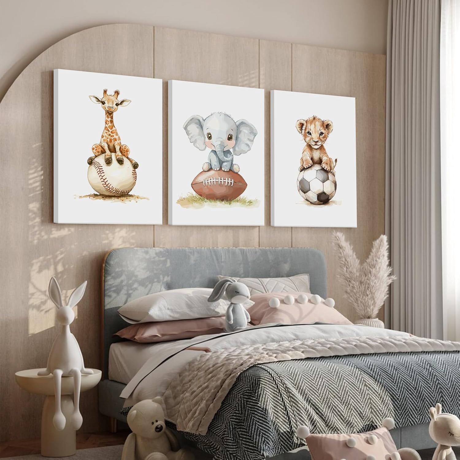 Sports Nursery Wall Art Baby Boys Room Canvas Pictures Safari Animal Wall Decor Jungle Nursery Prints Kids Poster Cute Painting Football Soccer Baseball Artwork for Bedroom 12x16x3 Inch Ready to Hang