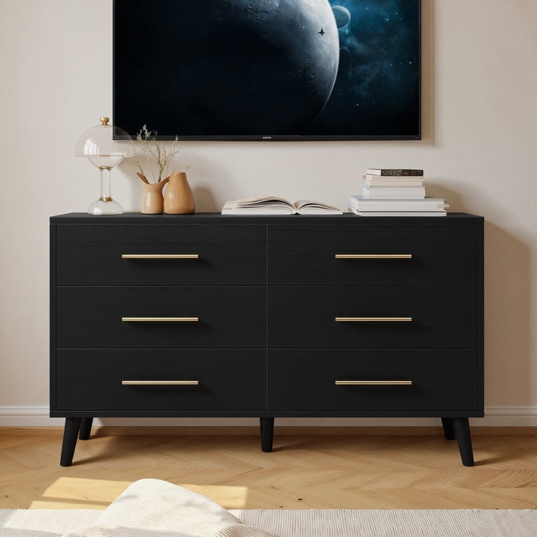 ikea malm 6 drawer dresser black Aiho Modern 6-Drawer Dresser, Wooden Chest with Cut-Out Handles, Wide Double Drawers for Bedroom, Living Room, Entryway, 15.7