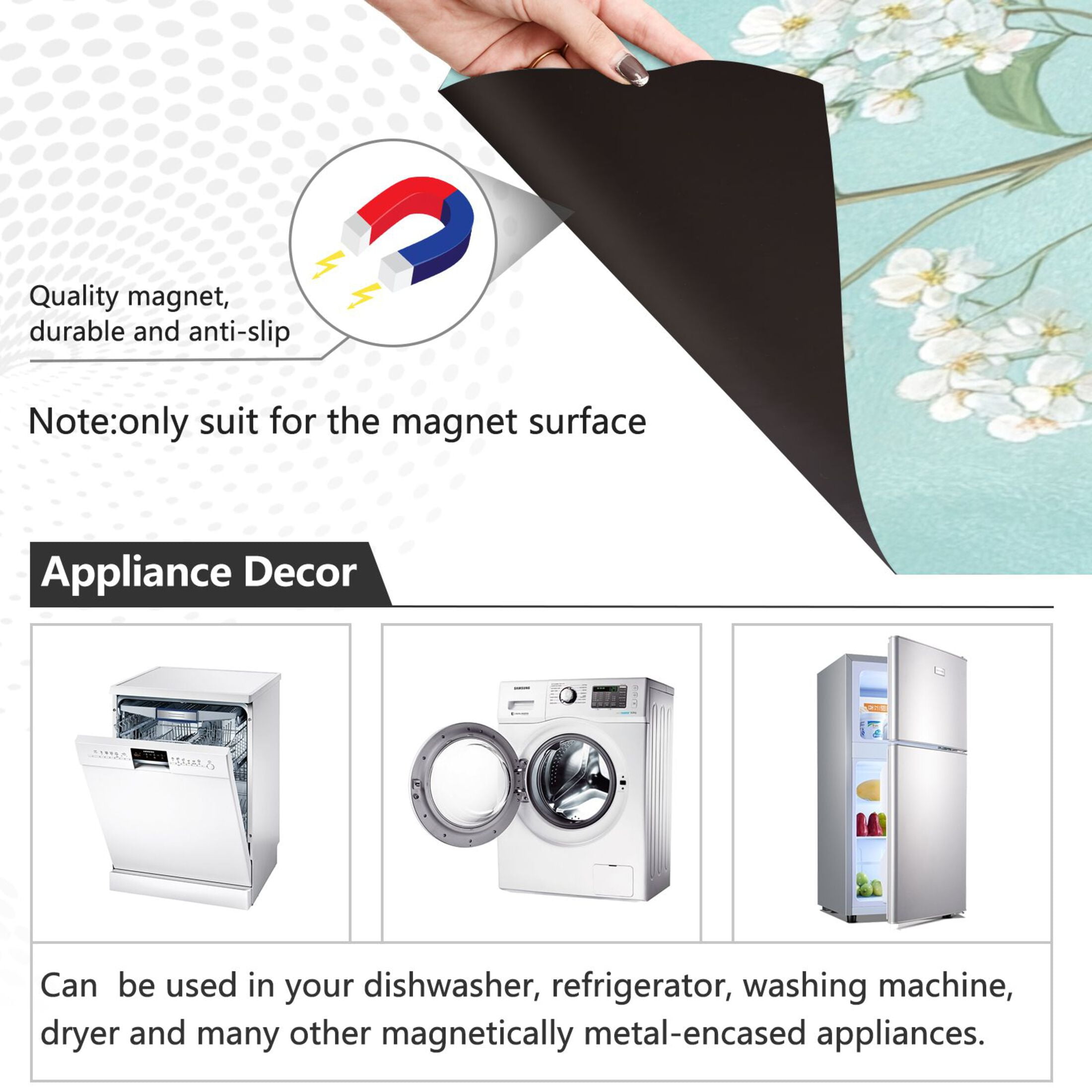 Dishwasher Magnetic Sticker 23x26 Inch Refrigerator Magnetic Sticker Washing Machine Magnetic Sticker Kitchen Panel Magnetic Sticker Home Decor Cool Cartoon White Flowers