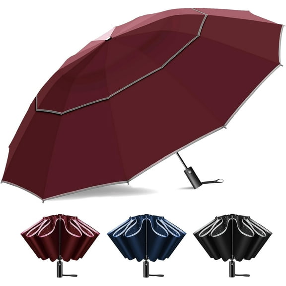 54 Inch Inverted Golf Umbrella for Rain, Automatic Windproof 12 Ribs Double Canopy Vented Reverse Folding Umbrella for Travel, UPF 50  Compact Portable Upside Down Reflective Large Umbrellas