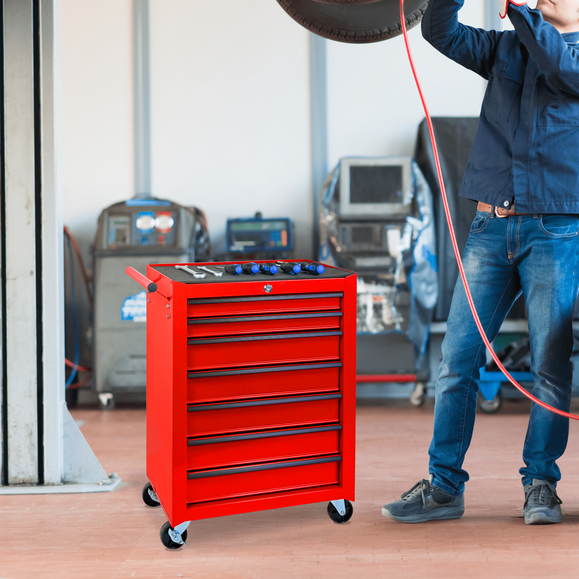 20-Inch Rolling Metal Tool Chest with 7 Drawers and Ball-Bearing Slides, Steel Tool Storage Organizer with Lockable Wheels, Red