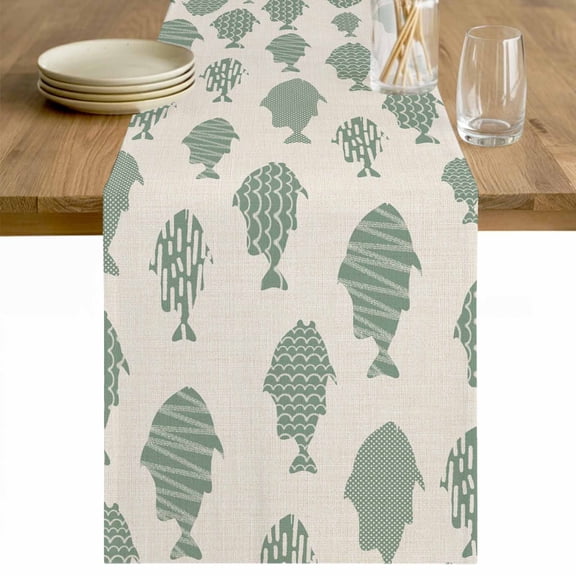 Abstract Art Fish Green Table Runner - 36 Inch Long Coastal Ocean Summer Marine Life Cotton and Linen Blended Dress Scarves Farmhouse Table Runner for Kitchen Dining, Coffee Table, 13" x 36"