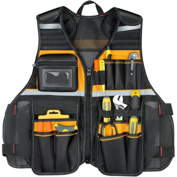 Tool Vest, Multi-Pocket Work Vest with Reflective Strips, Oxford Fabric Construction, Black and Yellow
