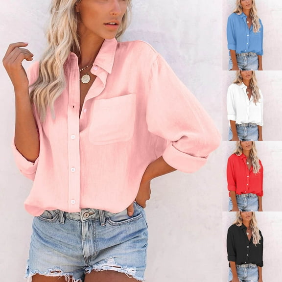 HAPIMO Sales Womens Casual Pockets Blouse Solid Turn-Down Neck Long Sleeve Casual Loose T-Shirt Button Down Tops Teen Grils Fashion Clothes Light Blue XL