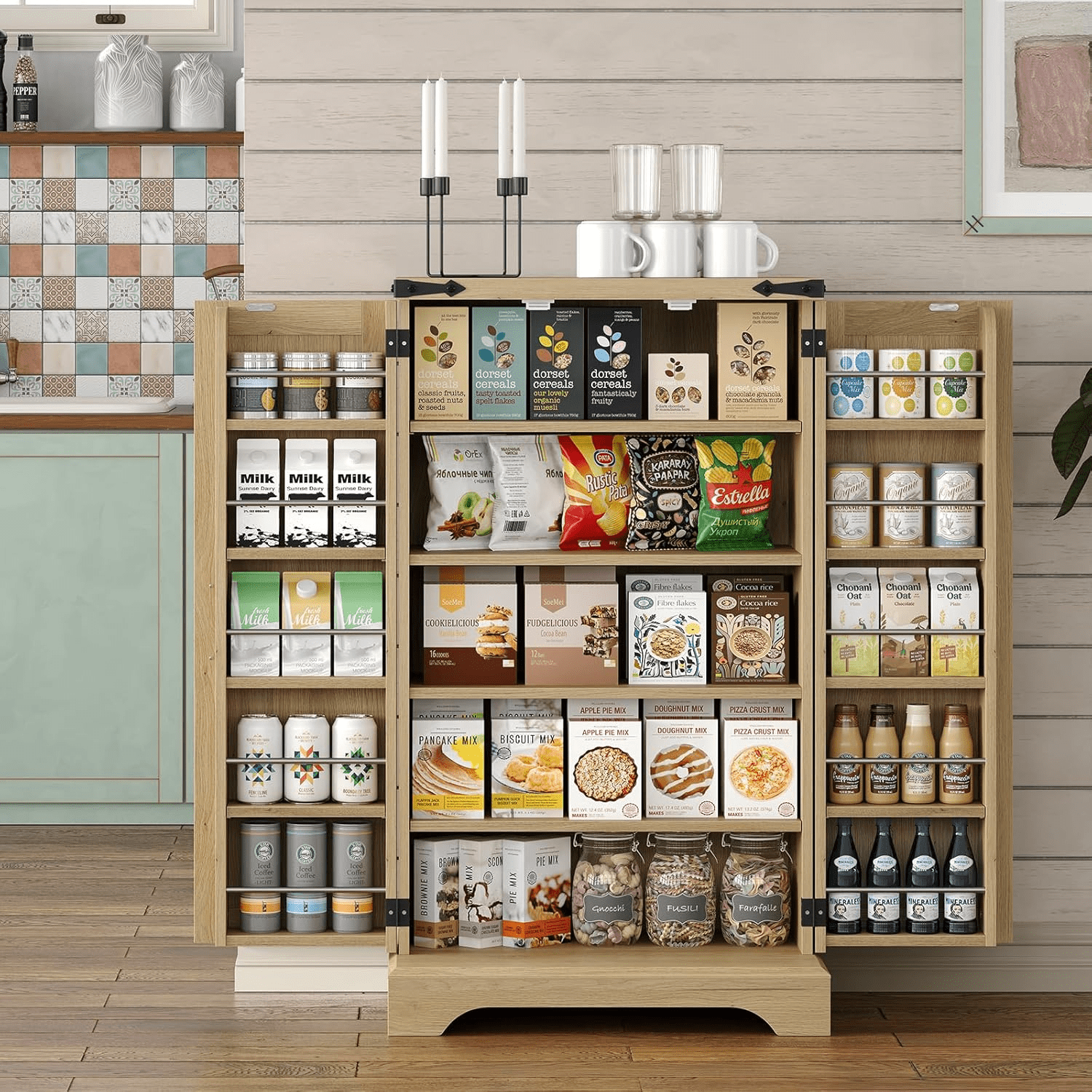 Storage Cabinet with Rattan Doors 24 inch Wide Pantry Cabinet Organizer Wood 23.5 inchW x 15.5 inchD x 41.5 inchH Cupboard Brown