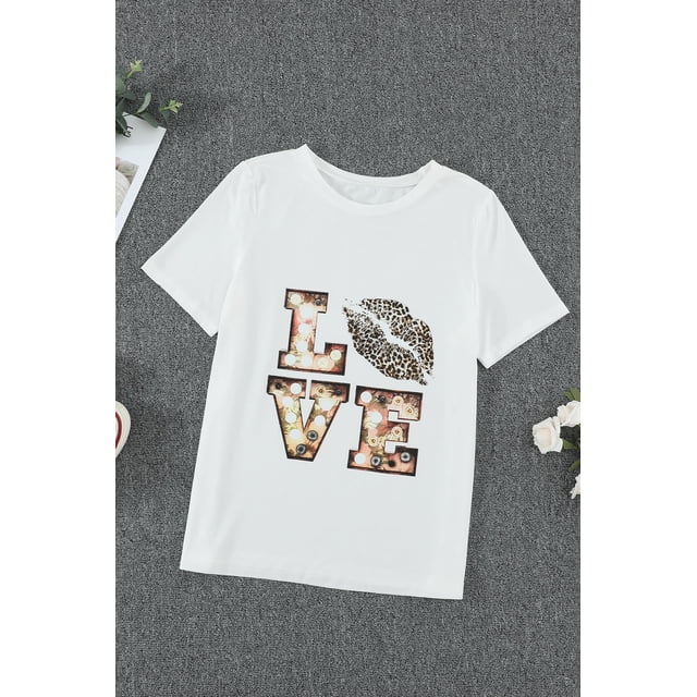 ABPHQTO Camiseta blanca de San Valentín con estampado de letras de dibujos animados y cuello redondo para mujer