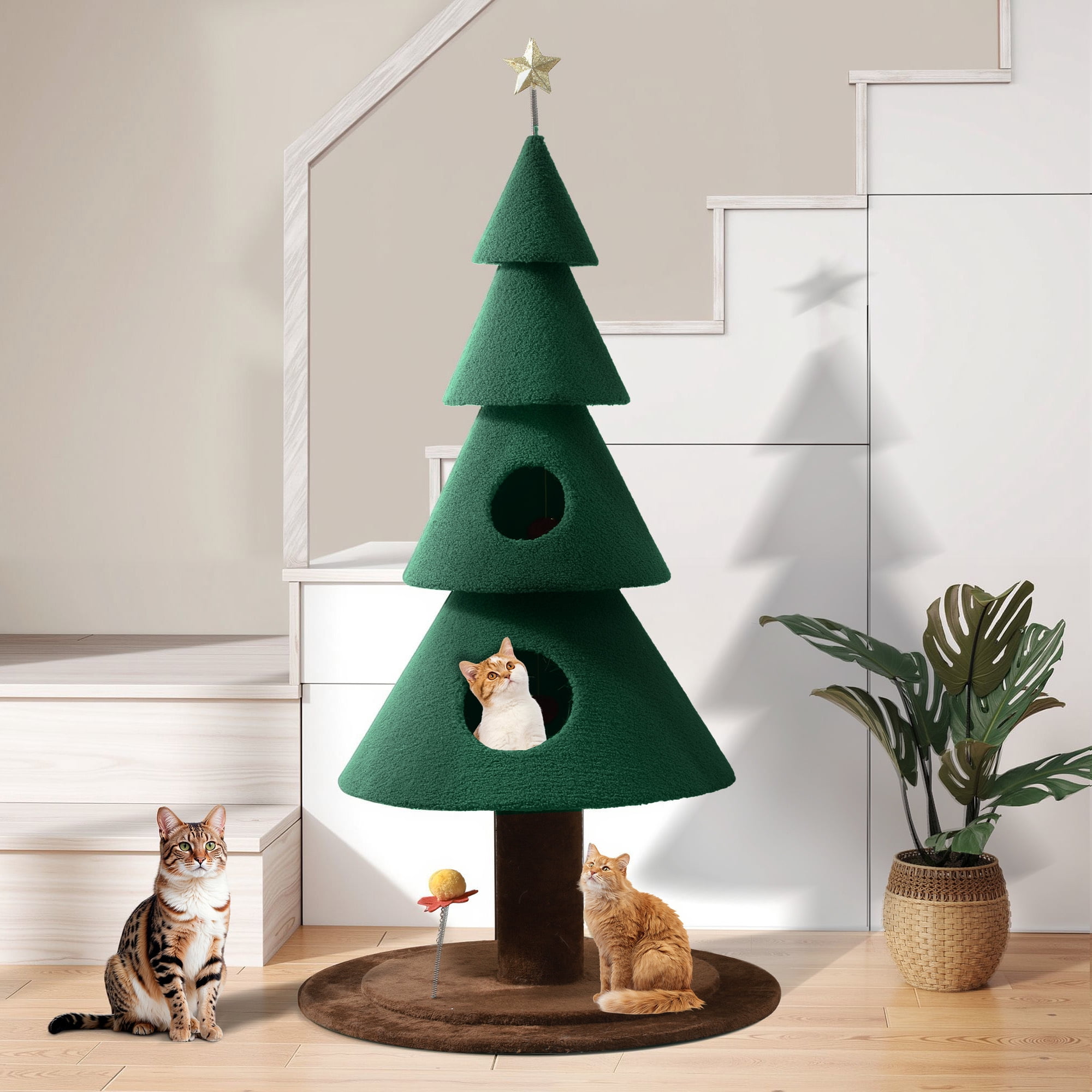 Dextrus 60in Large Christmas cat Tree, Indoor Cat Tower with 2 Condos & Flower Shaped Cat Teasing Stick ,Green