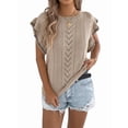 thumbnail image 2 of Women Cap Sleeve Tops Summer Crew Neck Shirt Crochet Knit Sweater Khaki S, 2 of 9
