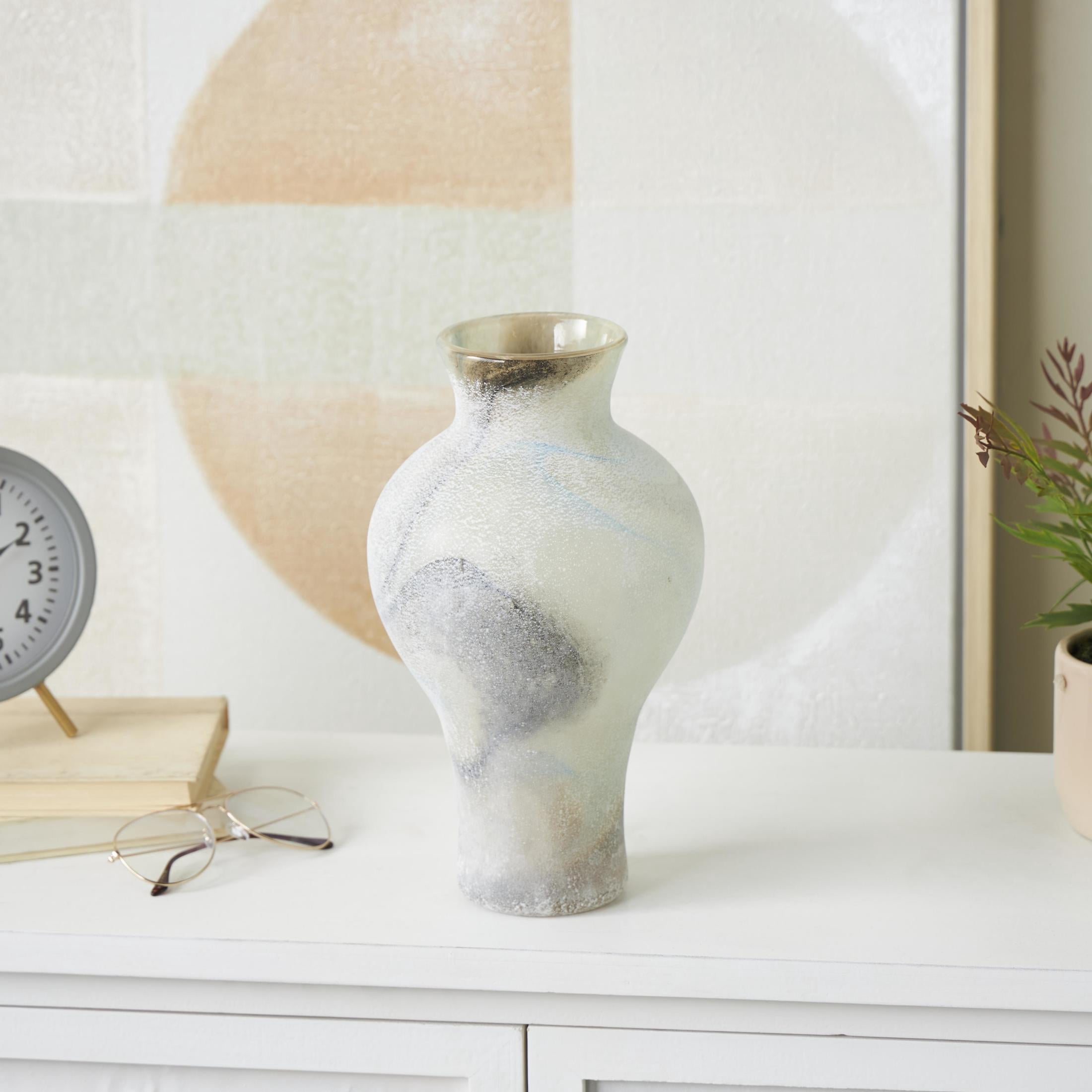 DecMode 12" Distressed Cream Glass Vase with Blue and Tan Texturing