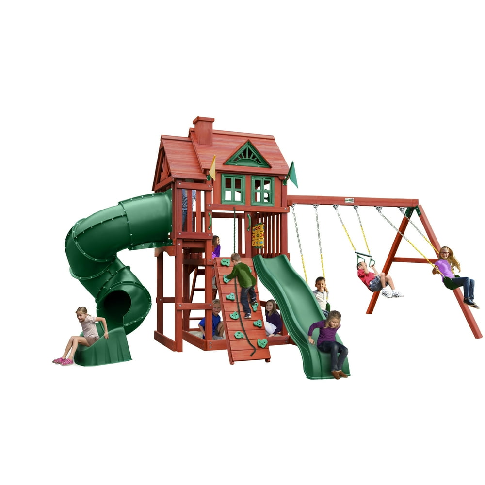 Gorilla Playsets Nantucket Deluxe Wooden Swing Set with 2 Slides, Rock