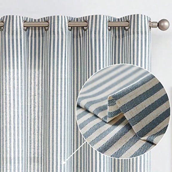 Linen Striped Curtains Boho Tickingstripe Light Filtering Window Curtains Printed Drapes for Living Room Bedroom Grommet Top 2 Panels Blue W55 x L84