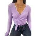 thumbnail image 3 of DYMADE Women Solid Color Long Sleeve V-neck Lace Up Slim Top, 3 of 4