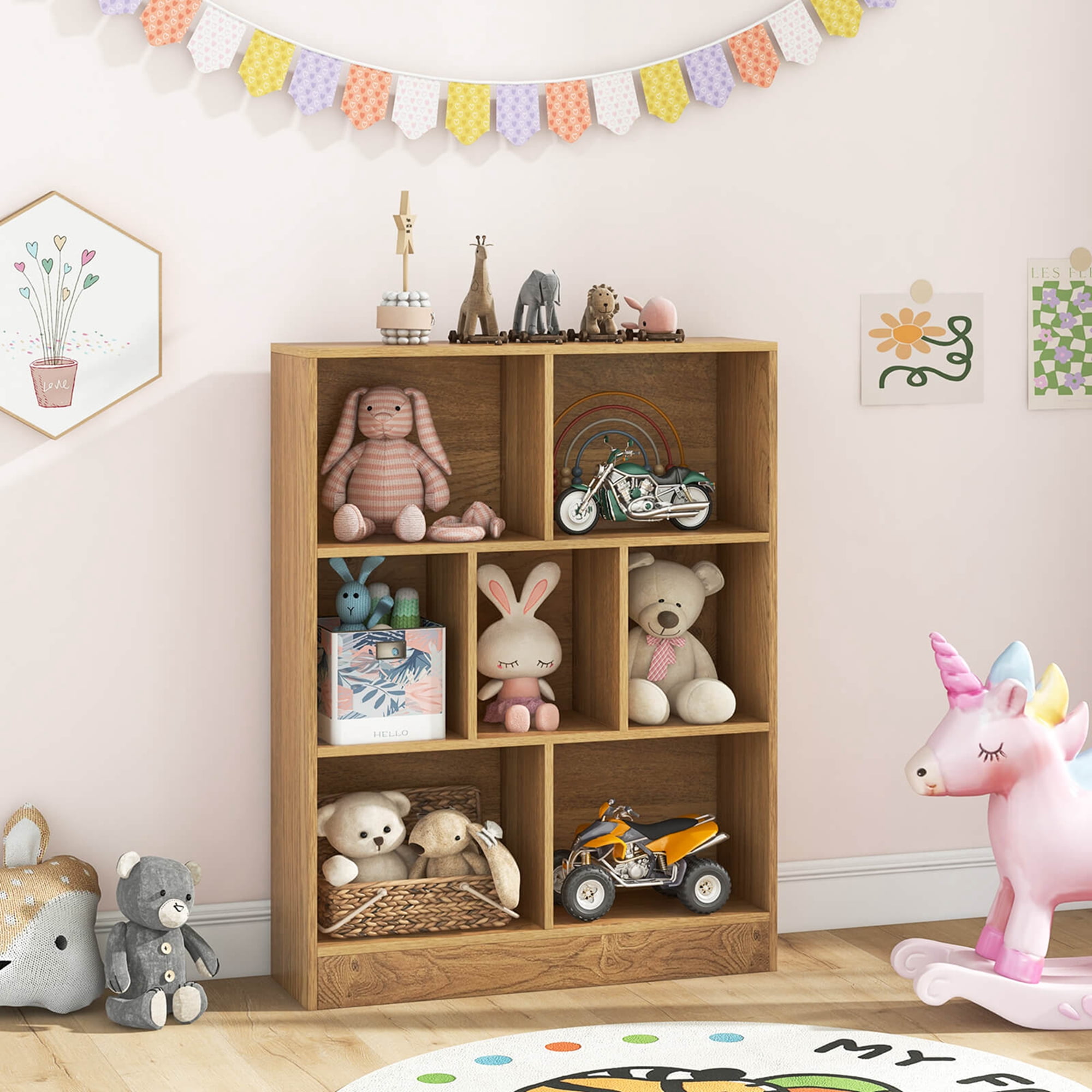 Costway 7-Cube Bookcase for Kids 41" Wooden Toy Storage Organizer Freestanding Bookshelf Brown