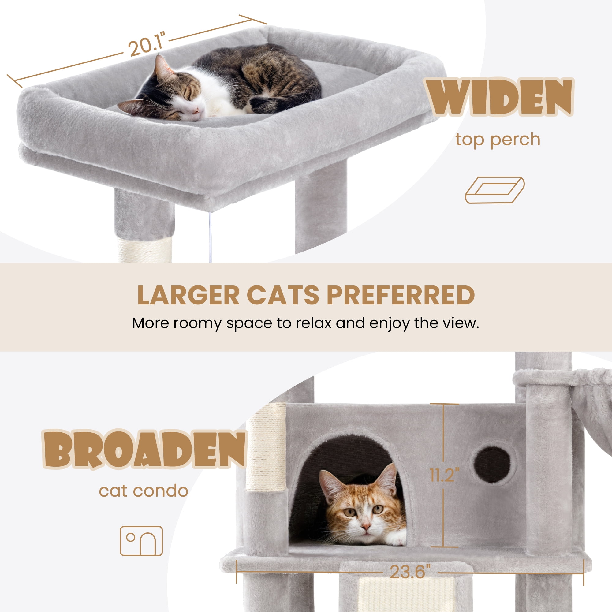 Sha Cerlin 81" Large Cat Tree Tower with Cat Condo & Hammock, Multi-Level & Sisal Scratching Post, Grey