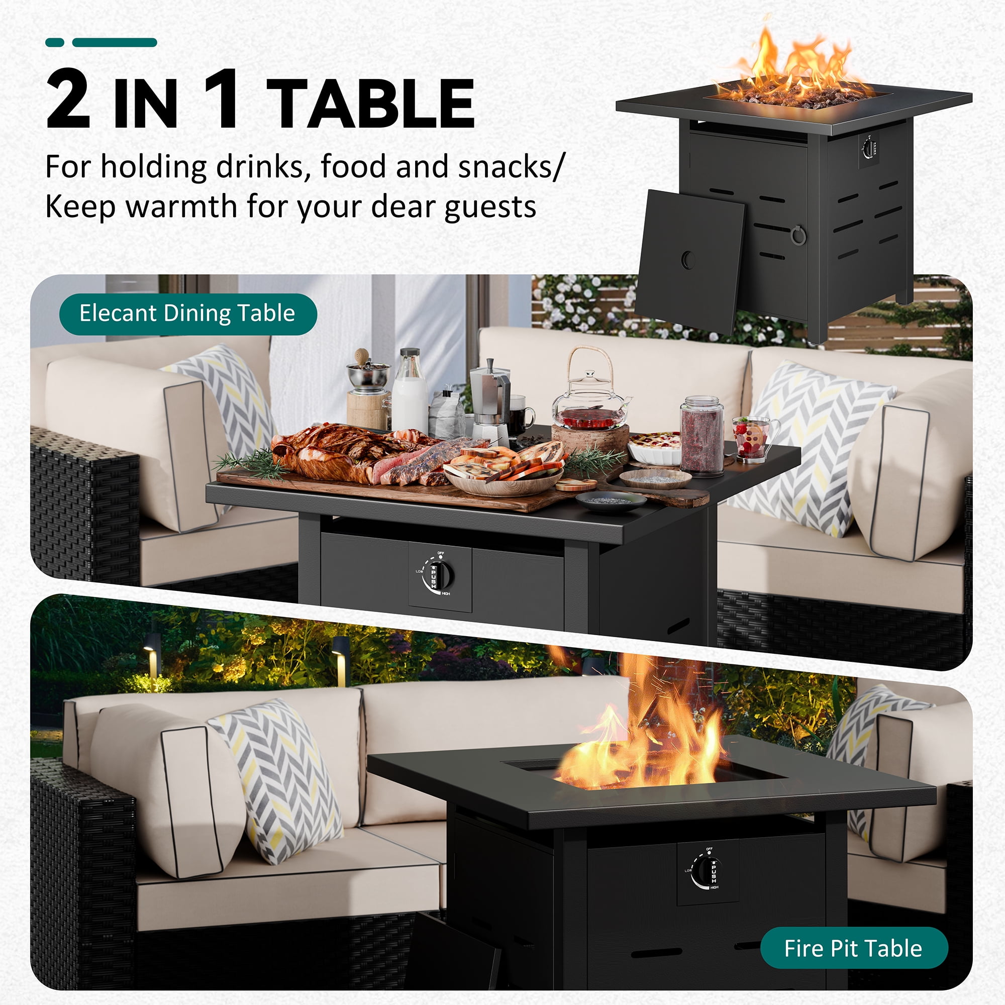 Walsunny 30" Propane Gas Fire Pit Table 50,000 BTU Square Outdoor Wicker Black