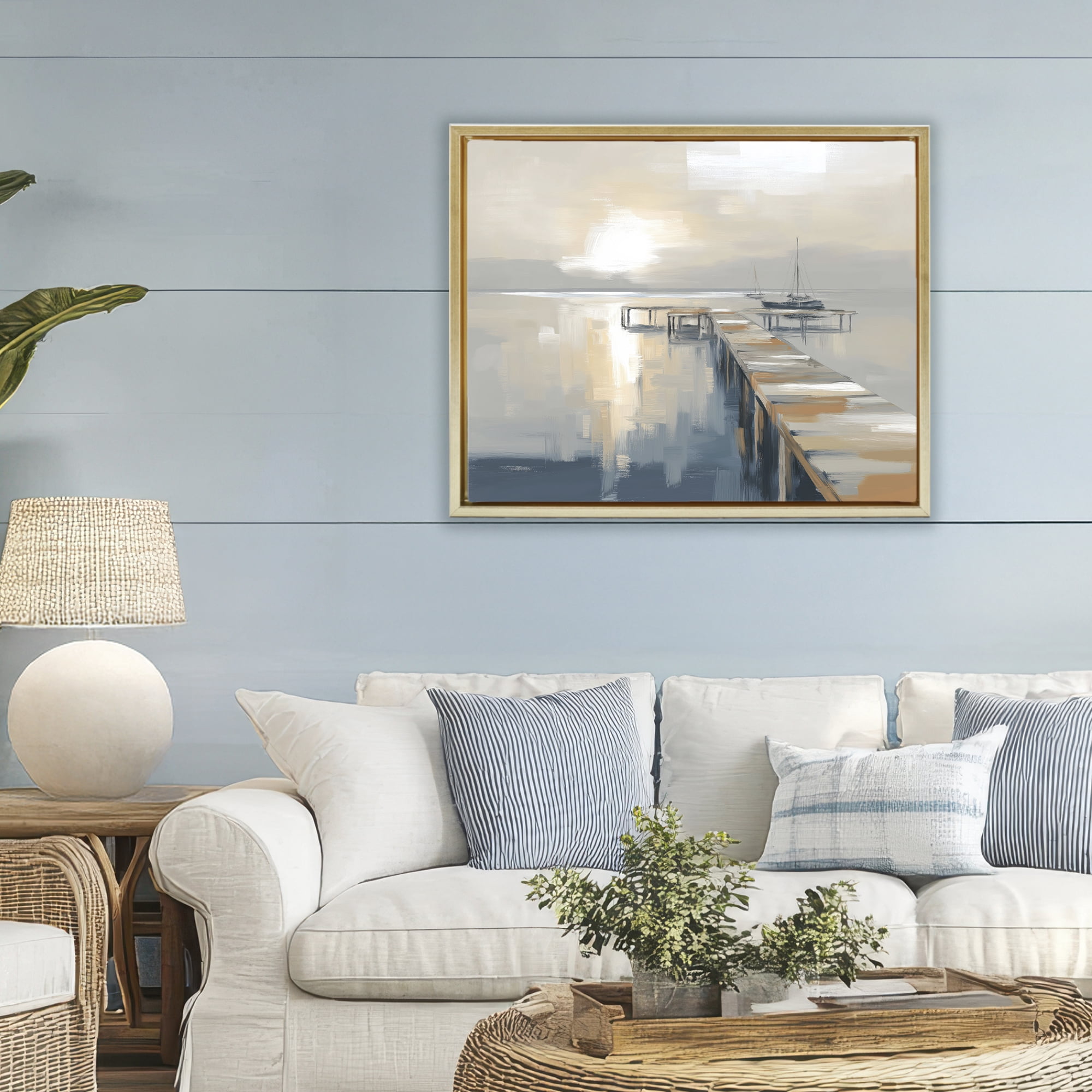 Stupell Industries Pier with Sailboat Seascape Gold Framed Floater Canvas Wall Art, design by Kim Curinga