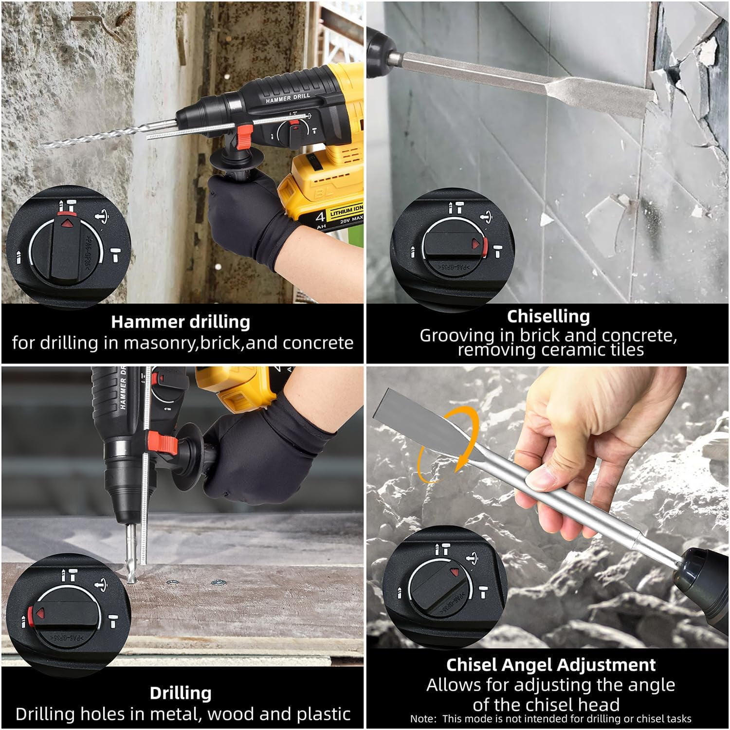 20V SDS-Plus Cordless Rotary Hammer Drill Compatible with Dewalt Battery(NO Battery), Brushless Motor,Safety Clutch,1000RPM,4 Functions with 5 Drills and Carrying Case for Concrete/Masonry/Wood/Metal