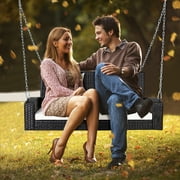 Topbuy Outdoor Wicker Porch Swing Bench 2-Person Patio Rattan Swing Chair W/ Soft Cushions White