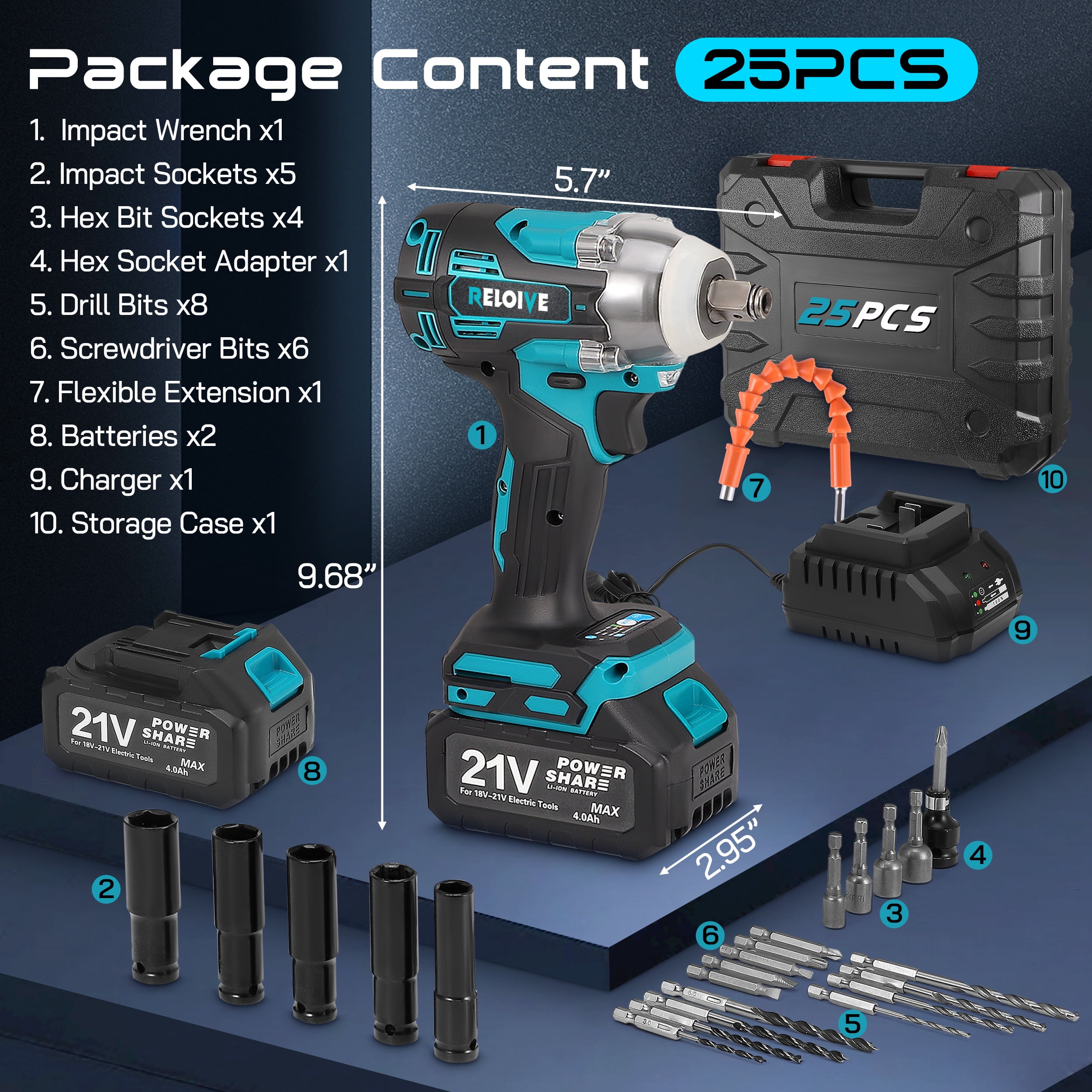 RELOIVE Cordless Impact Wrench Kit, 590 ft-lbs(800 N.m) Max Torque,1/2" Heavy-Duty Brushless Motor,2 x 4.0Ah Batteries, 2-Speed Settings with Stepless Adjustment, for Automotive, Tire, Home Repair