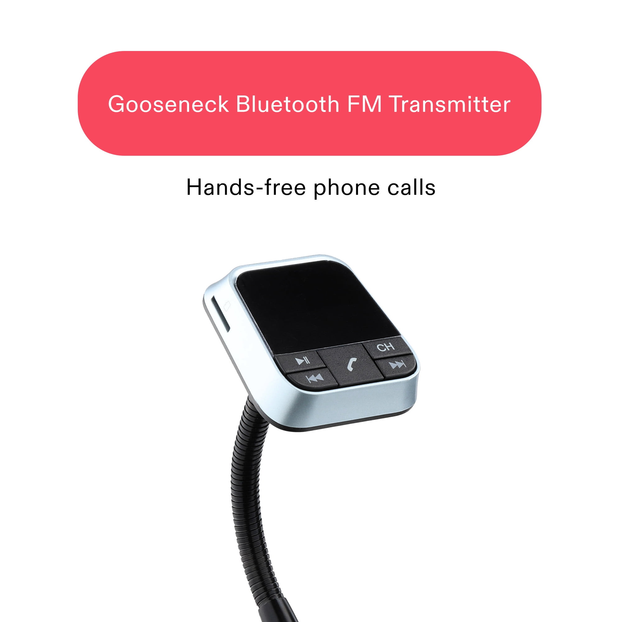 Onn Gooseneck Bluetooth FM Transmitter, Flexiable Adjustable Viewing Angle, Dual Charging Ports, Compatible with Smartphones