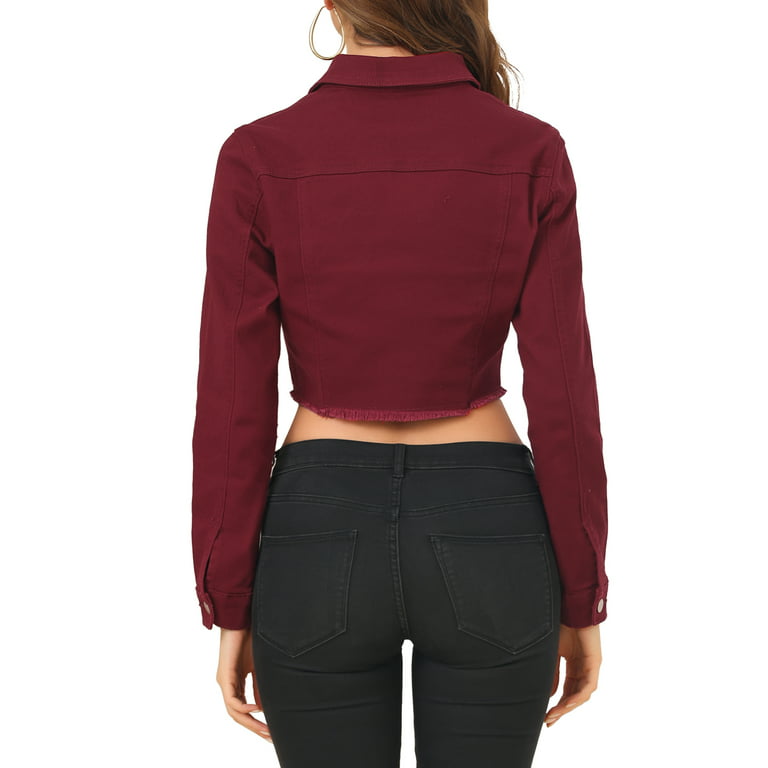 Allegra K Women's Slim Fit Button Down Long Sleeves Casual Cropped Jean  Jacket Peach Pink Medium