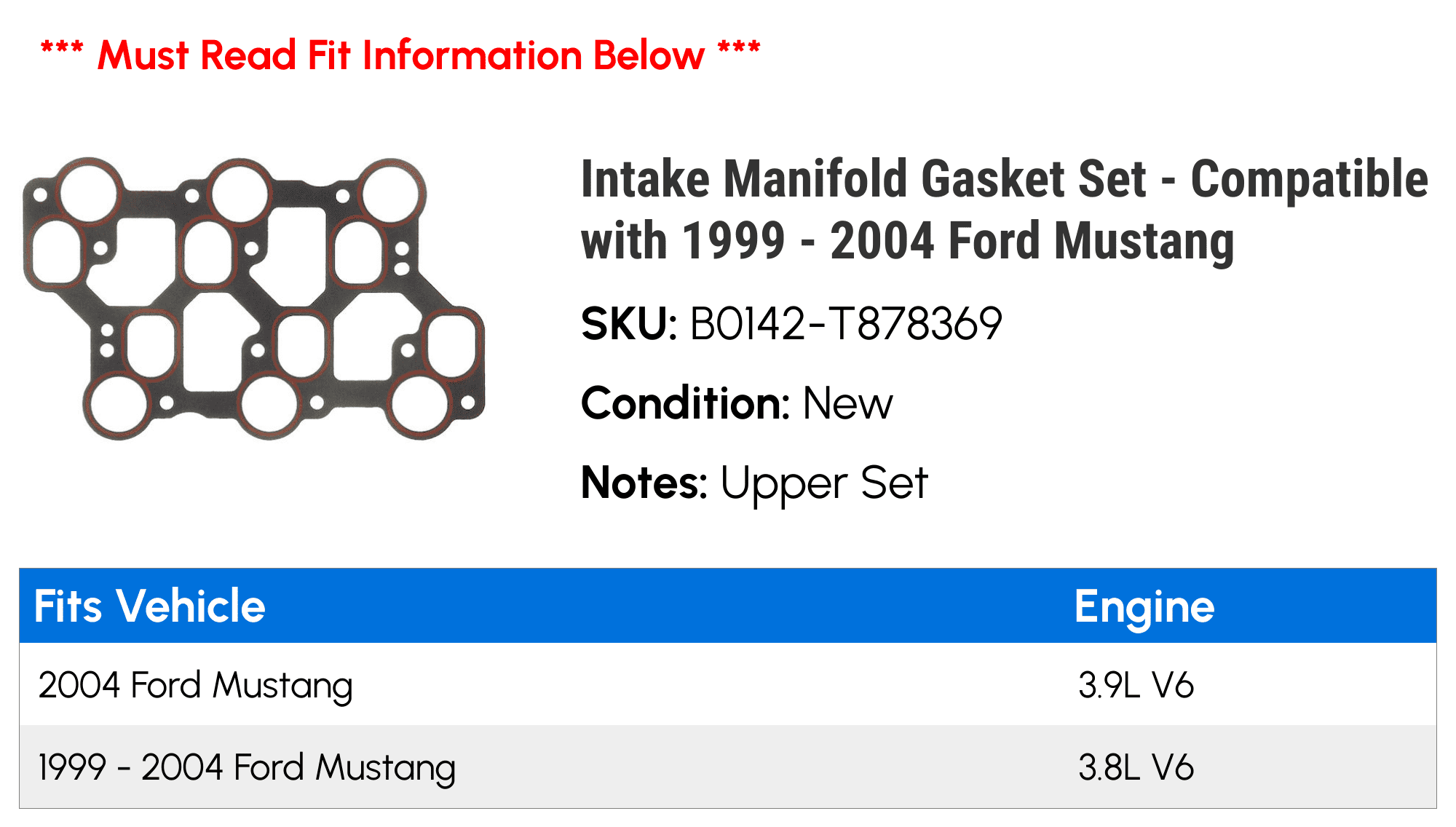 Intake Manifold Gasket Set - Compatible with 1999 - 2004 Ford Mustang 2000 2001 2002 2003