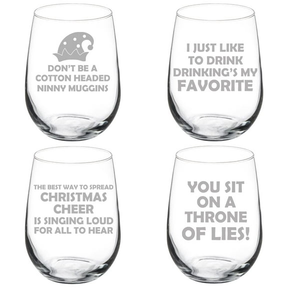 Set of 4 Wine Glass Goblet Christmas Collection 2 Elf Hat (17 oz Stemless)
