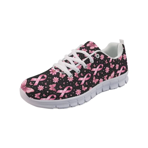 COEQINE Women Sneakers Breast Cancer Awareness Ribbons Running Walking Shoes White Sole Tennis Shoes Travel Casual Breathable Mesh Footwear, Pink Ribbon Flower Butterfly
