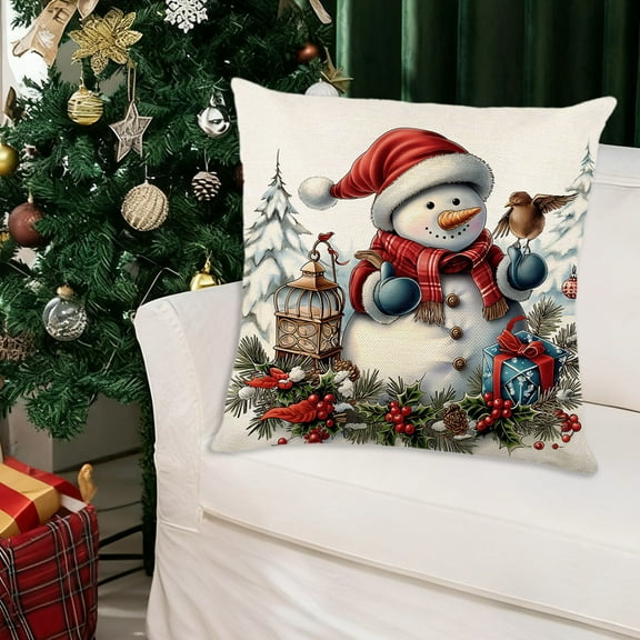 Snowman Christmas Throw Pillow Cover 18x18 Inch, Festive Red and Blue Holiday Decor Pillowcase with Snowman Scene for Sofa Cushion C