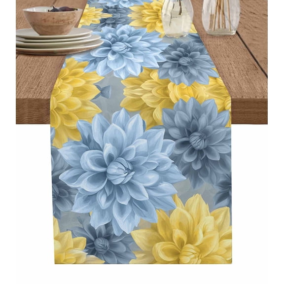 Yellow Blue Spring Floral Table Runner 90 Inches, Pastoral Summer Botanical Bed Runner Dresser Scarves Tabletop for Indoor Outdoor Parties/Ceremony/Banquet, 13" x 90"
