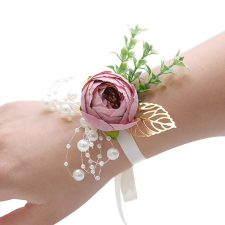 Pink Corsage Bracelet Fancyleo 1Pcs Peony Flower Wrist Corsage Pearl Bead Bracelet Wedding Prom Party Bridesmaids Decor ()
