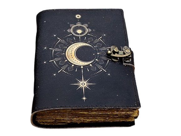 Celestial Leather Journal with Crescent Moon Design, 5x7 Inch Handmade Notebook, 200 Vintage Handmade Paper Pages, Antique Locking Diary for Writing & Sketching