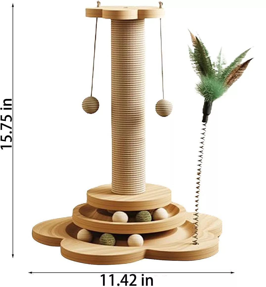 Cat Scratching Post, 4 in 1 Wooden Cat Scratcher Toy, 15.75" Tall Scratch Post with 2 Level Cat Track Balls, Interactive Cat Feather Toy and 2 Sisal Hanging Balls for Indoor Kittens