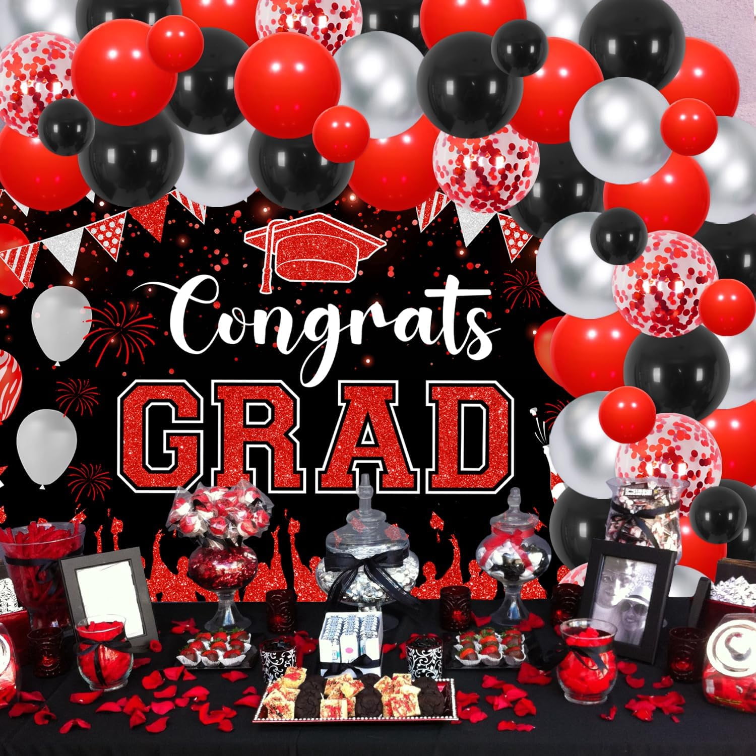 Congnats Grad Theme Party Decorations, Red and Black Graduation Party Decorations 2024 with Red Black Balloon Arch Garland kit, Graduation theme backdrop for Graduation Decor Birthday Anniversary