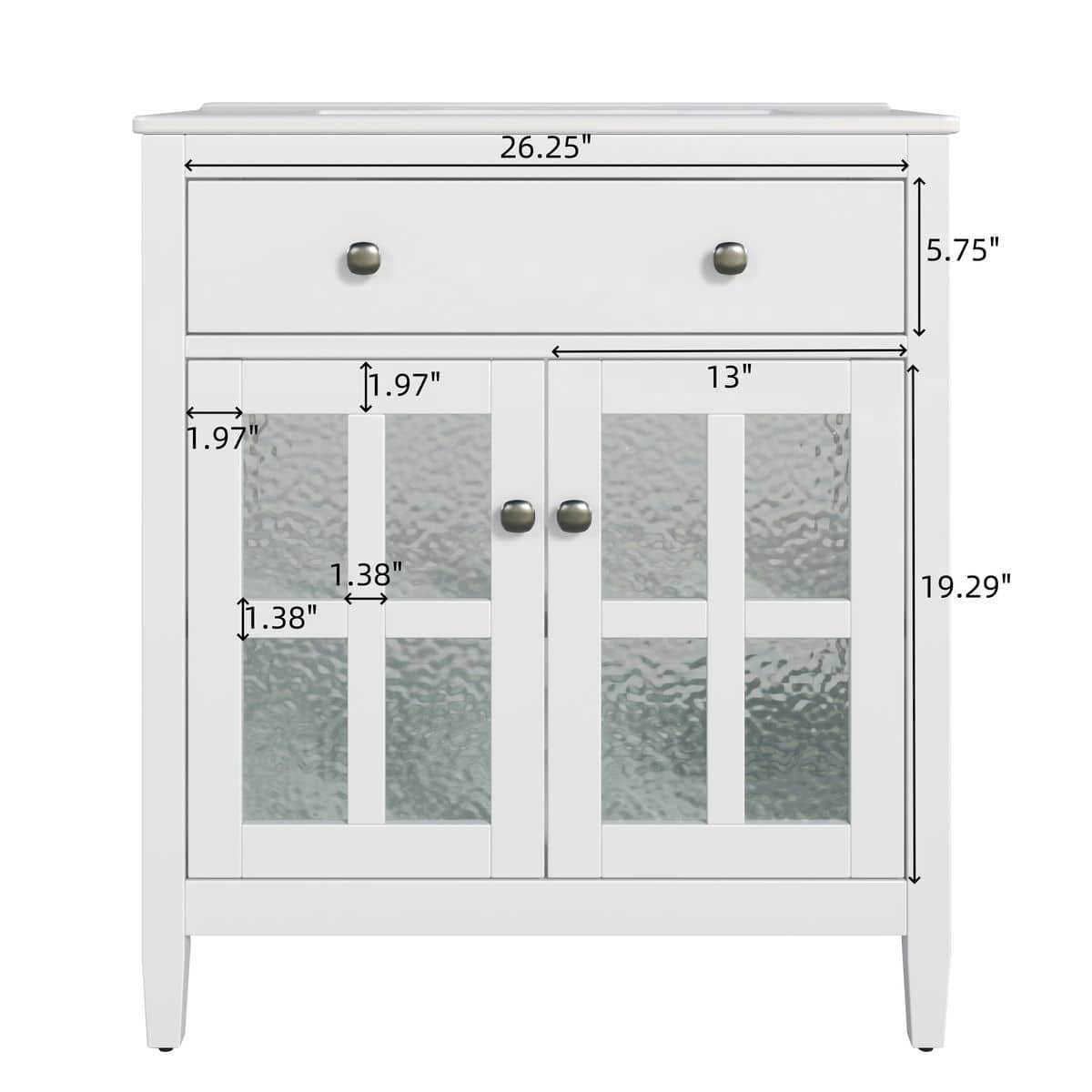 Resenkos 30" Bathroom Vanity with Ceramic Sink, Solid Wood Legs, Adjustable Shelf, Tip-Out Tray, Silver Metal Knobs, Soft Close Hinges - White