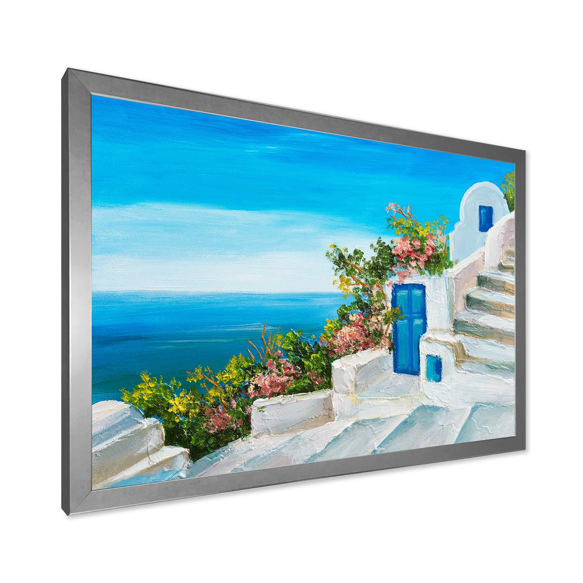 Designart 'House With Colorful Flowers Near The Sea IV' Nautical & Coastal Framed Art Print