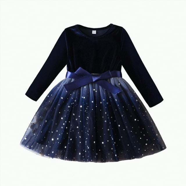 Zanarzt Robe Fille Noël Tout-Petit Bébé Fille Robe de Noël pour Filles Robe à Manches Longues Filles Robe de Fête d'Hiver Bleu, 5 Ans
