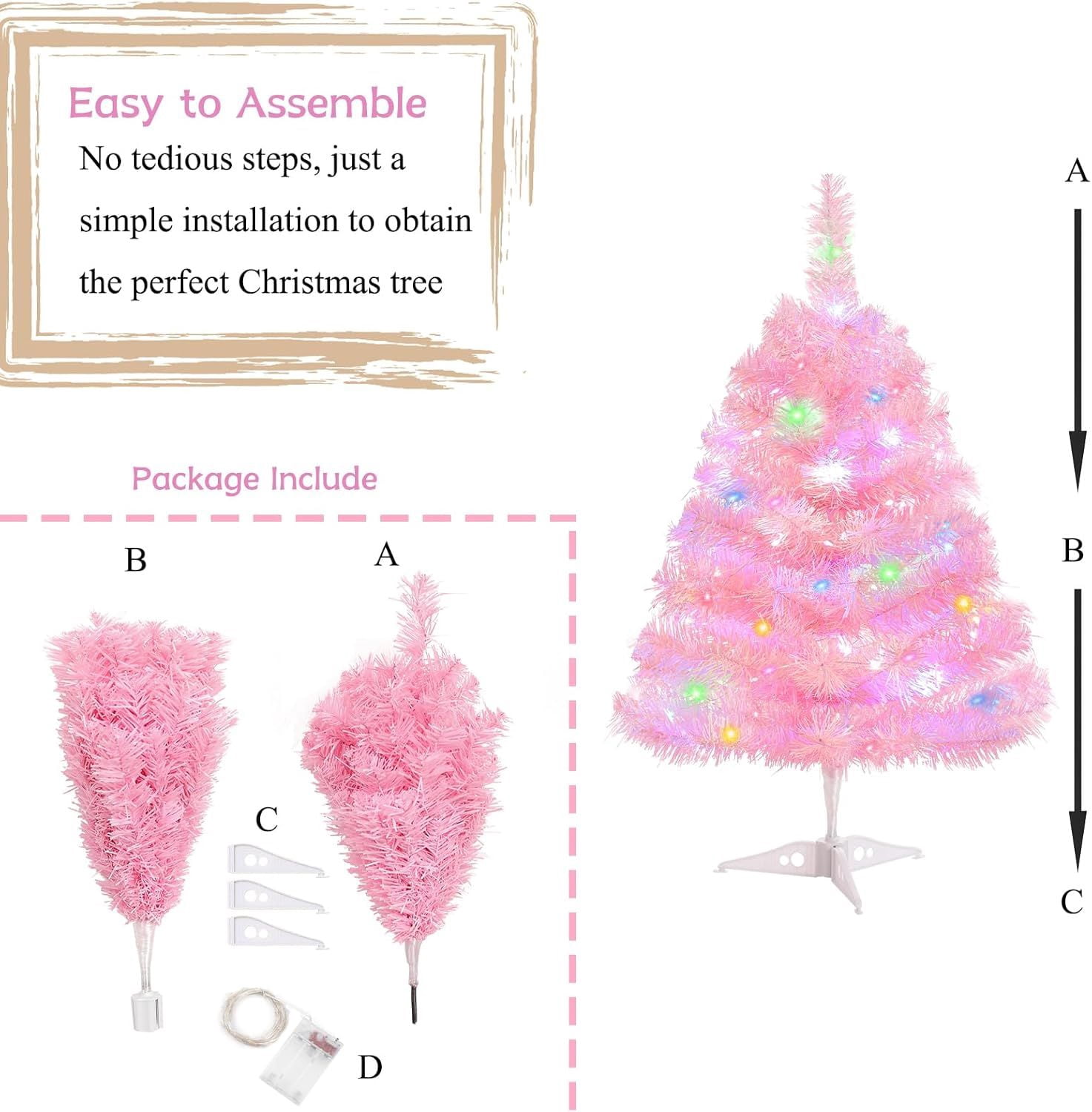 2FT Artificial Christmas Tree with Lights, Lighted Pink Tabletop Christmas Tree with Plastic Stand Light Up Battery Operated Mini Xmas Tree for Party Indoor Outdoor Holiday Home Decoration