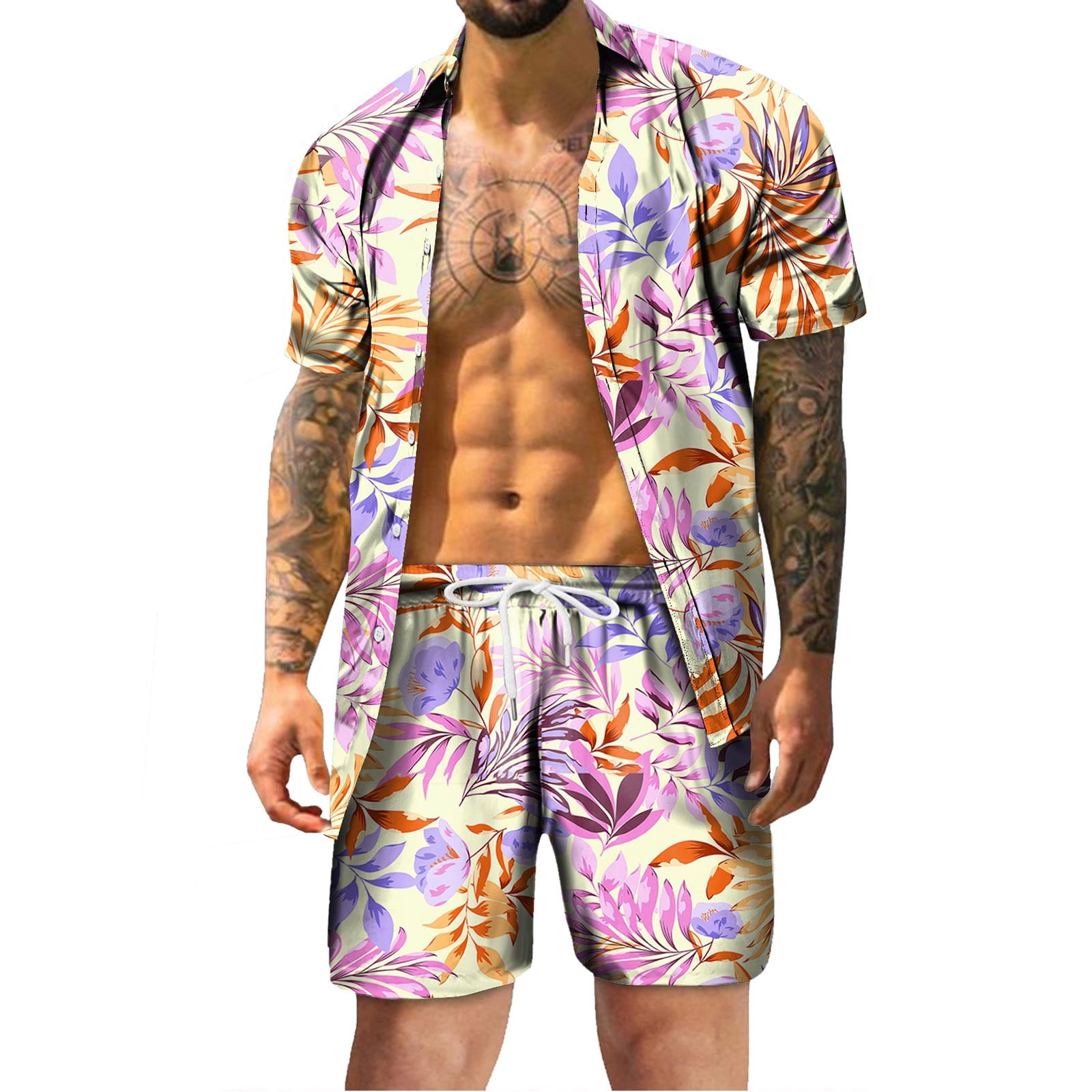 Ketyyh chn99 Mens Track Suit Summer Swim Jogging Fashion Sweatsuit Men Summer Pajamas Set Solid Color Button Top Short Pants Sleepwear Suit Purple M