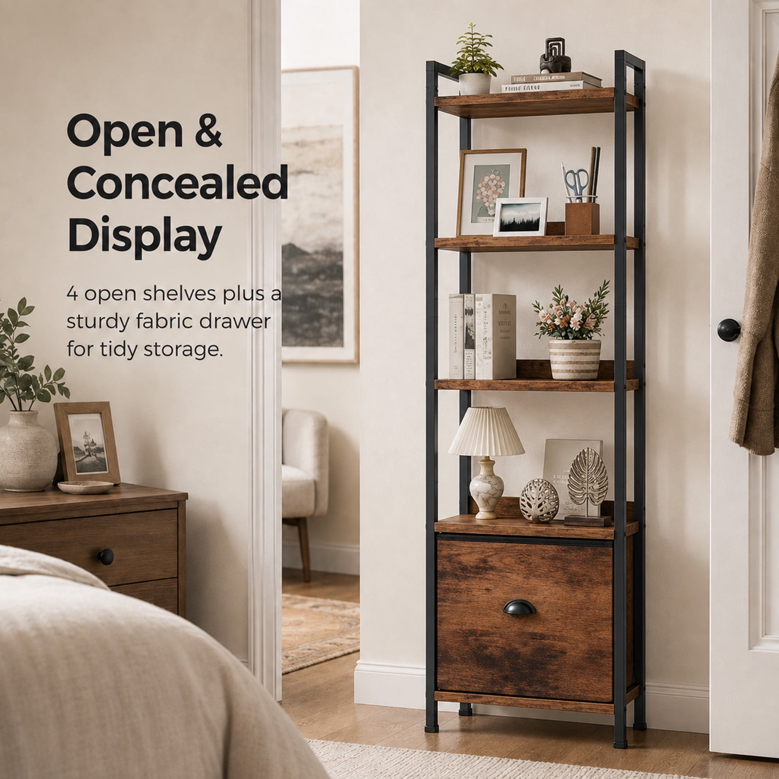Alvantor 5-Tier Bookshelf, Industrial Bookcase with Drawer, Space-Saving Storage Bookcase for Bedroom, Living Room & Home Office
