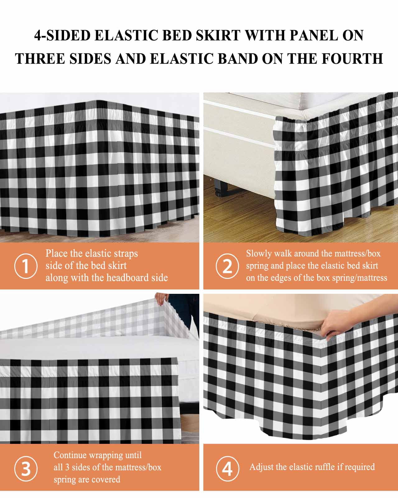 Black White Plaid Wrap Around Bed Skirts for Queen Bed 16" Drop,Bed Skirt with Adjustable Elastic Belt Dust Ruffle Bed Valance for Bedroom Hotel Gradient Geometric Buffalo Checkered Bed Frame Cover
