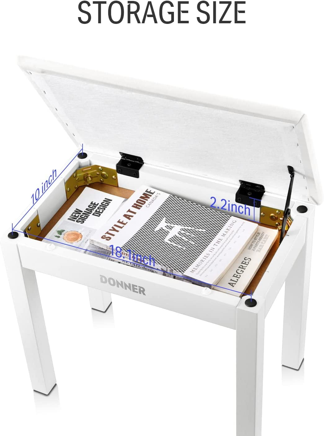 Donner Piano Bench with Storage, Solid Wood Keyboard Bench Piano Bookcase Stool Chair Seat with High-Density Suede Cushion, White