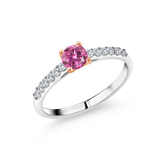 Gem Stone King 925 Sterling Silver Ring with 10K Rose Gold Prongs Pink Moissanite and Lab Grown Diamond (0.68 Cttw, Size 7)