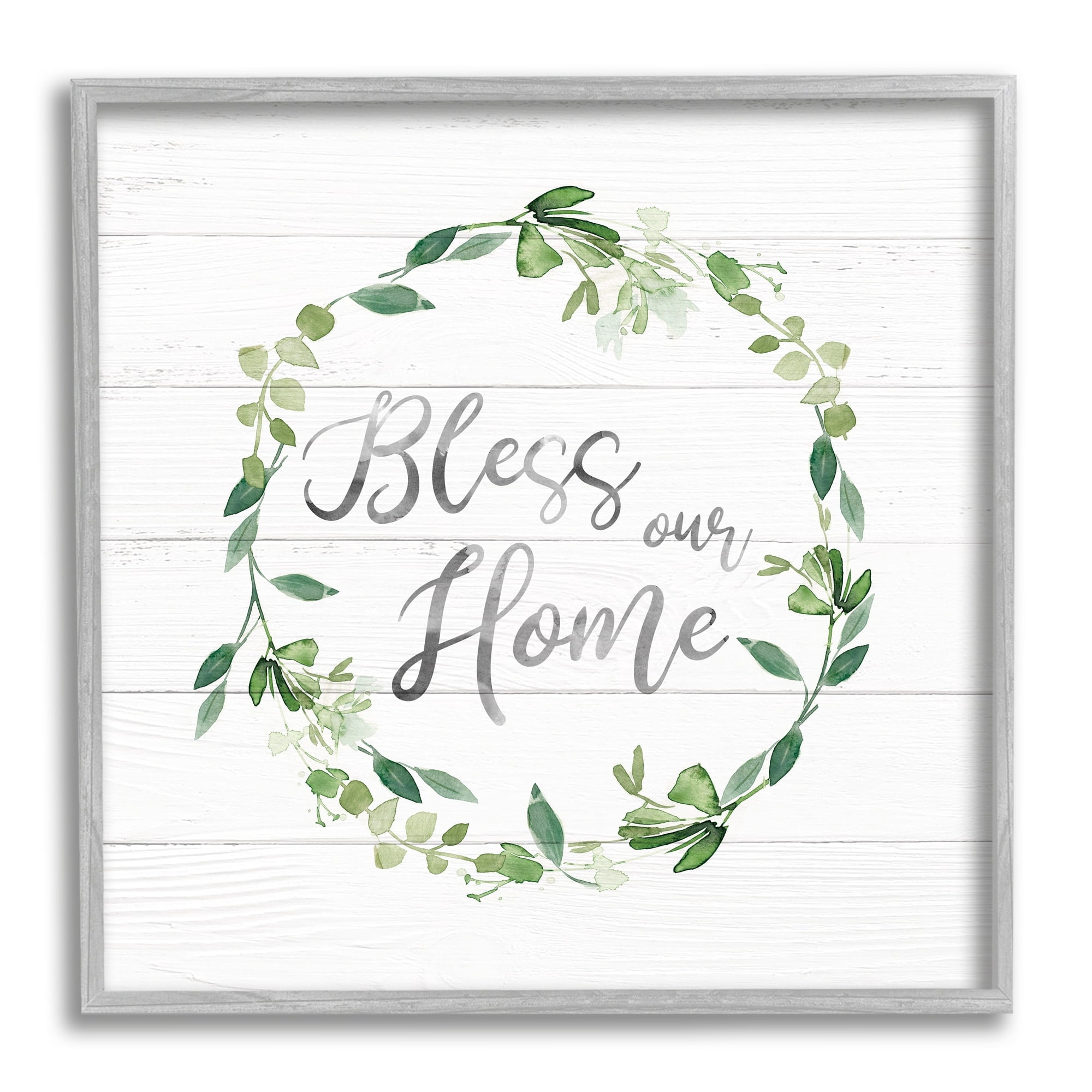 Stupell Industries Bless Our Home Farmhouse Leaves Wreath Calligraphy Graphic Art Gray Framed Art Print Wall Art, Design by Carol Robinson